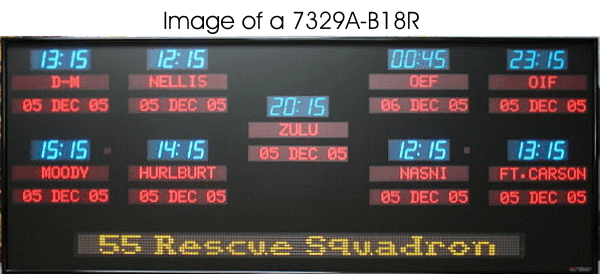 The BRG Model 7329A is a 9 zone Time Zone Clock that features 1.8 inch bar segment LEDs for the time and 1.2 inch dot matrix LEDs for the zone labels and date. The Time Zone Display allows you to scroll special messages on it's 48 inch moving message display. This specific model has the B18R Color option. Time Zone Displays, Tims Zone Clocks. The BRG Model 7329A is a 9 zone Time Zone Clock that features 1.8 inch bar segment LEDs for the time and 1.2 inch dot matrix LEDs for the zone labels and date. The Time Zone Display allows you to scroll special messages on it's 48 inch moving message display. This specific model has the B18R Color option. Time Zone Displays, UTC Clock, Multi Location Clock, Zulu Clock, Multi-location Clock, Tims Zone Clocks.